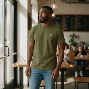 Adidas Mens T-Shirt Trefoil Logo Embroidered Green Cotton Tee Top Size Small